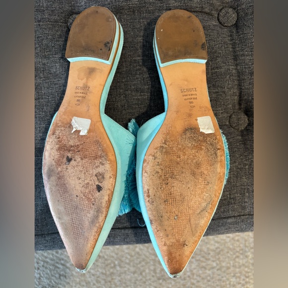 Schutz Brenle Turquoise Blue Suede Fringe Slip On Pointed Toe Flat Mules Size 9 - Picture 4 of 4
